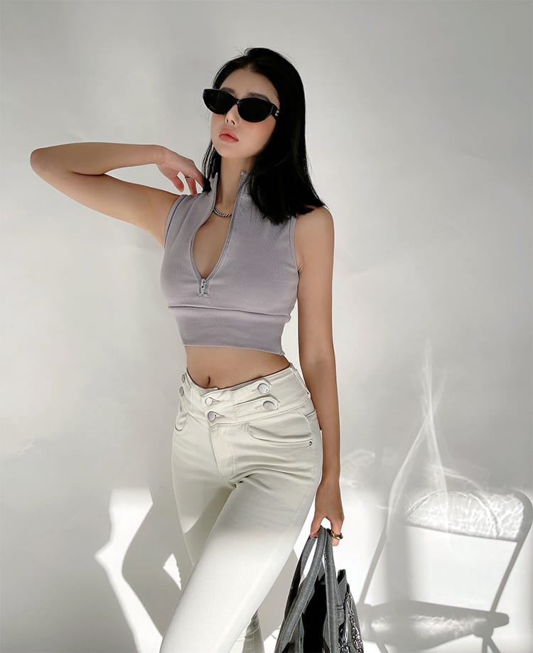 Women White Sleeveless Half Zip Crop Tank top with High Neck