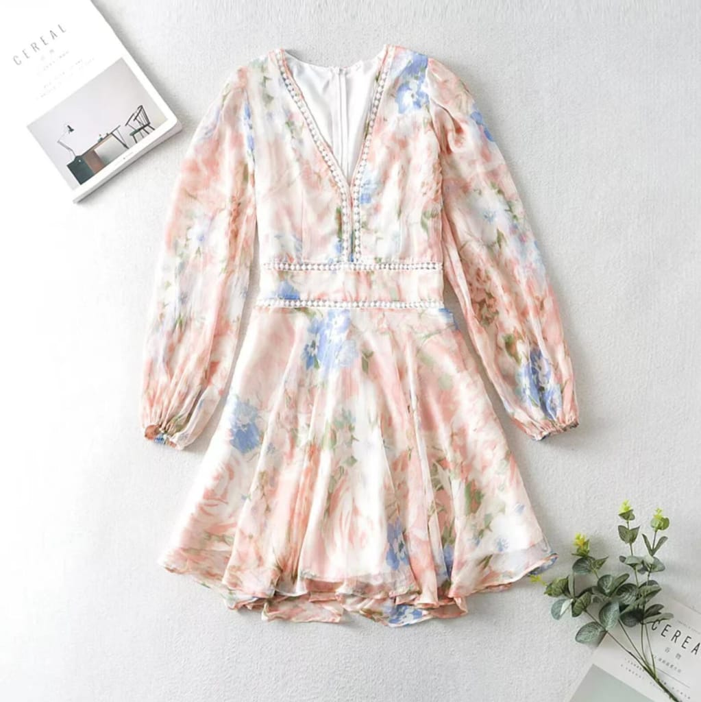 Pastel Pink Spliced Deep V Neck Floral Long Sleeve Mini Dress with Lantern Faux Silk