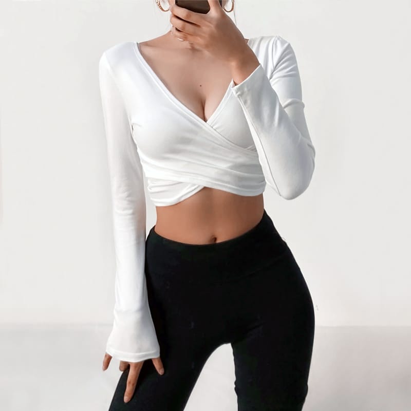 SLAY. Women's Black Full Sleeves Crop Top with Back Wrap around Strings