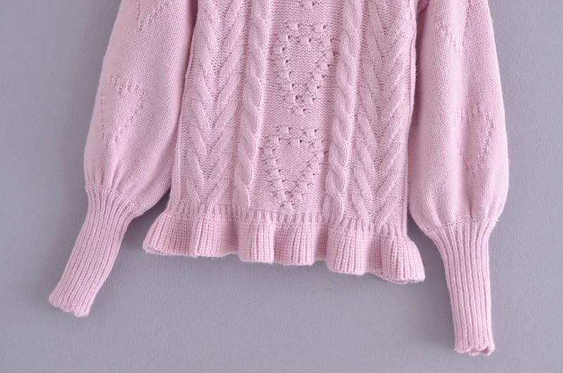 Women Pink Knitted Puff Long Sleeve Pullover Sweater and Mini Skirt Two Piece Set with