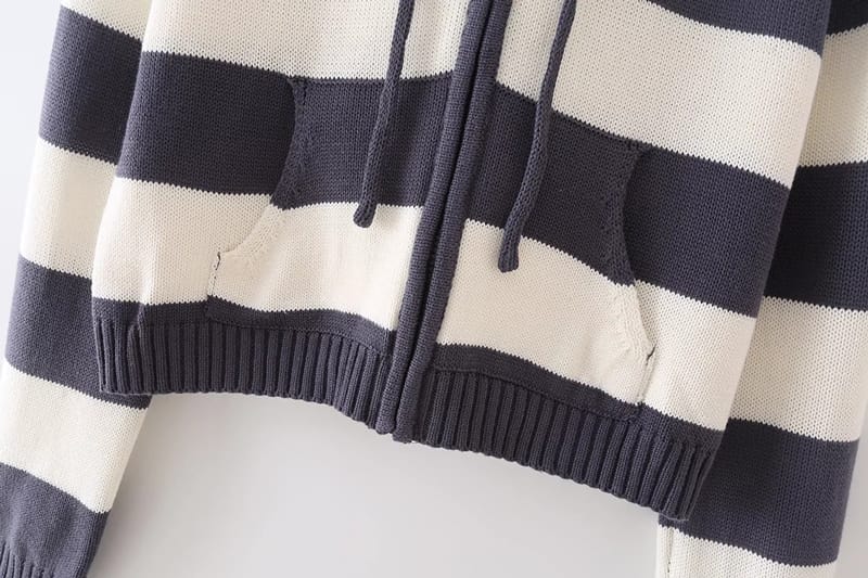 Women Blue and White Striped Knit Hoodie Cardigan with Zip