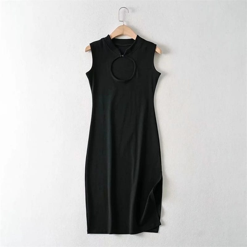 Women Black Cut out front Sleeveless Midi Dress with Turtle Neck Hook and side Split detail Casual