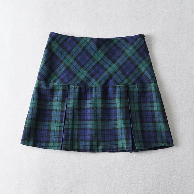 Women Green and Blue High Waist A-line Plaid Pleated Mini Skirt Checkered Tennis