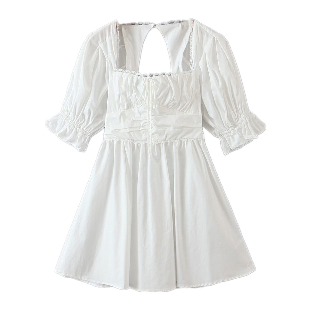 Women Backless White Ruched Bustier Square Collar A-line Mini Dress with Short Puff Sleeve and Lace