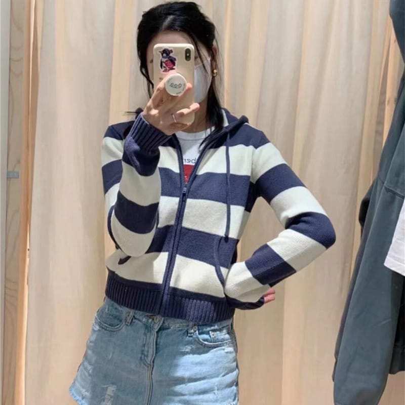 Women Blue and White Striped Knit Hoodie Cardigan with Zip