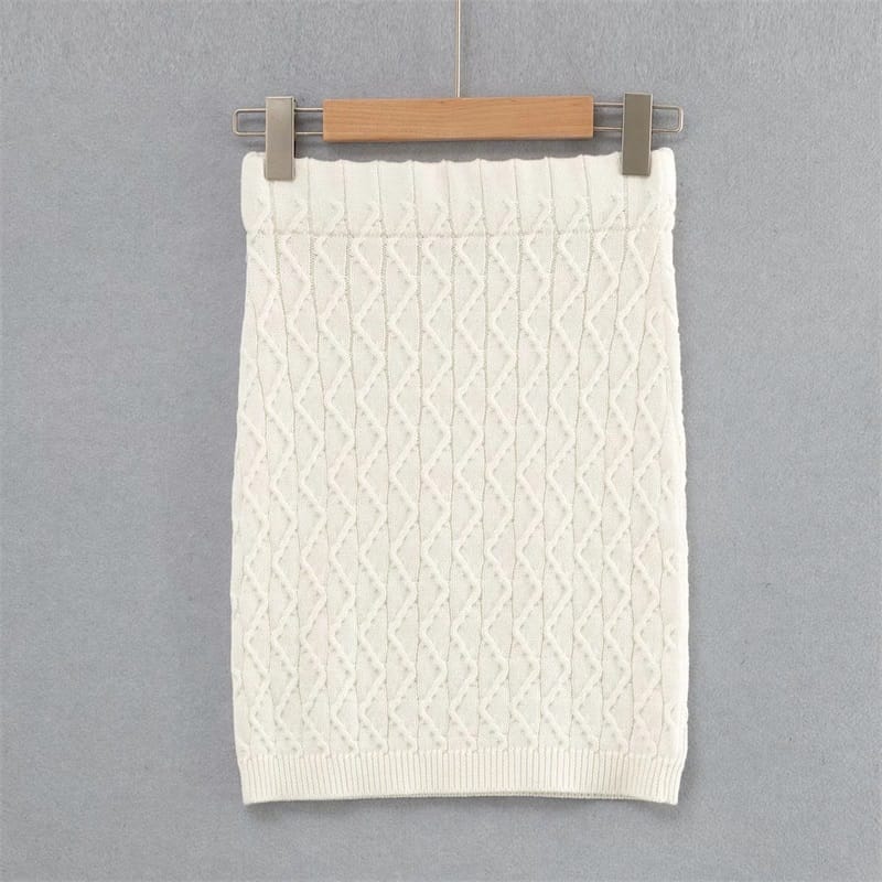 Women White Knitted Skirt Set with O Neck Soft Knit Cable Batwing Long Sleeve Cropped Jumper and