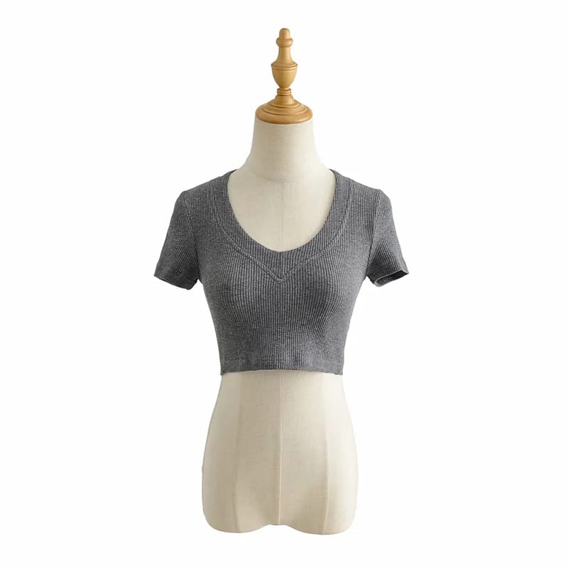 Women Light Grey Super Cropped top with Short Sleeve Fitted Waffle T-shirt