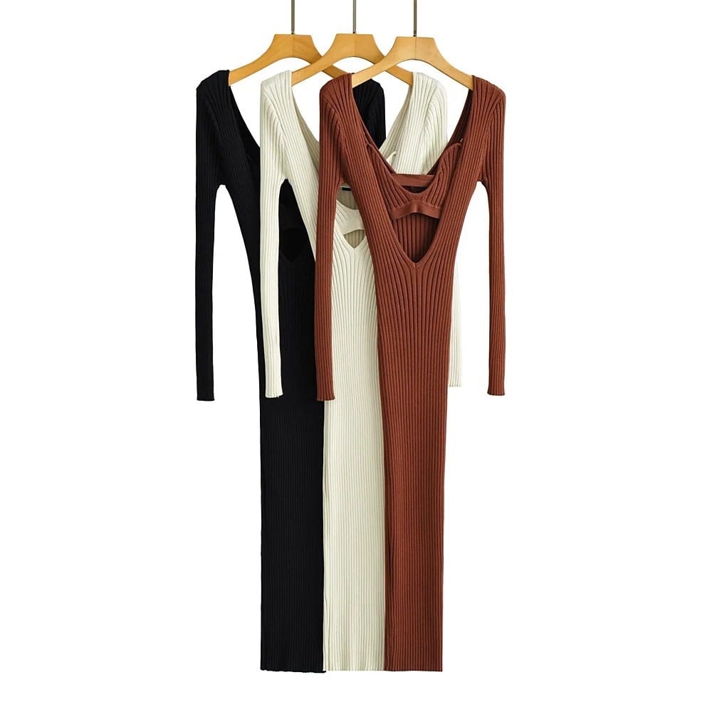 Brown Rib Knitted Deep V Neck Bodycon Slim Midi Dress with a Matching Ribbed Bra Set