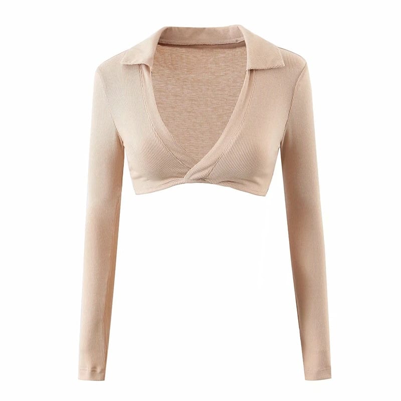 Women Ribbed Beige Long Sleeve Deep V Neck Wrap Super Crop top with Collar