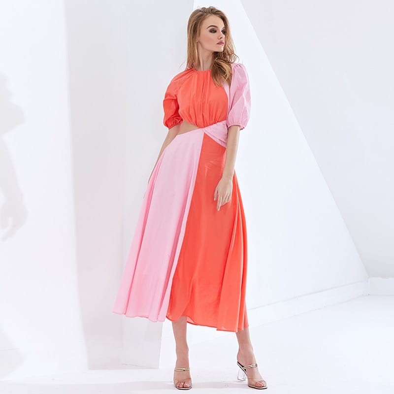 Women Two Tone Pink Cut out Puff Mid Sleeve High Neck Ruched Midi Dress A-line Flared Elegan Color