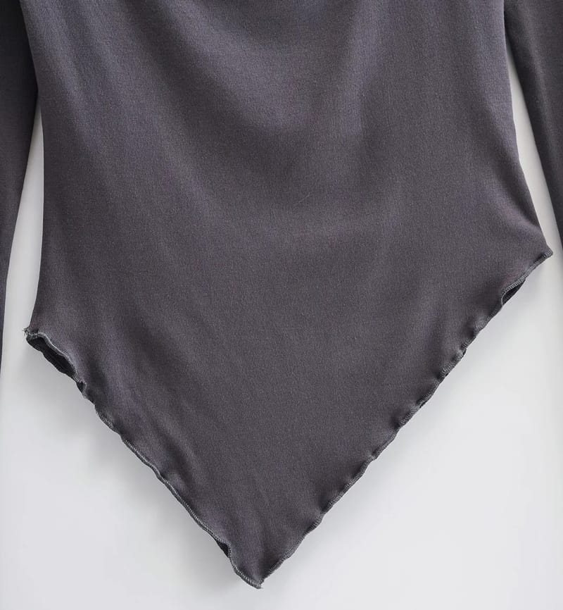 Women Black Long Sleeve Asymmetric top with Lettuce Edge Trim detail