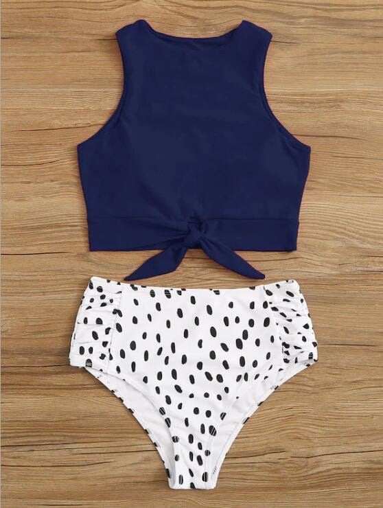 Knot front top with Dot High Waist Bikini Set new Prints 2022