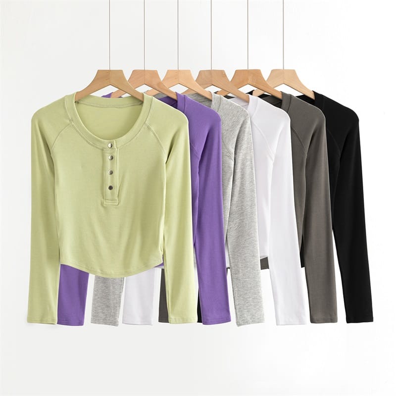 Women Ribbed White Long Sleeve O Neck front Buttons Cropped top T- Shirt