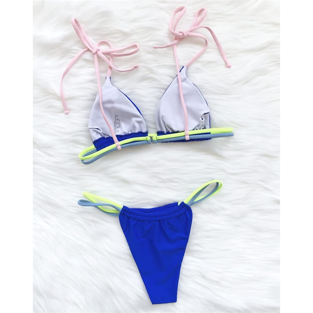 Women Black Micro Bikini Thong with Neon Blue Yellow and Pink Triple Color Straps