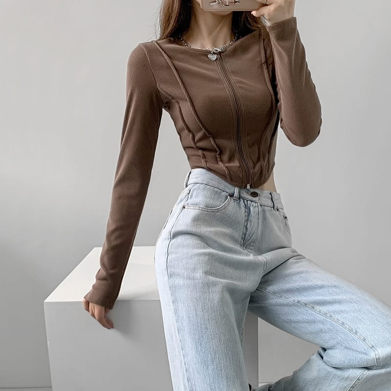 Women Gray Crop Fitted Ripped top with Center Zipper and Curve Hem detail