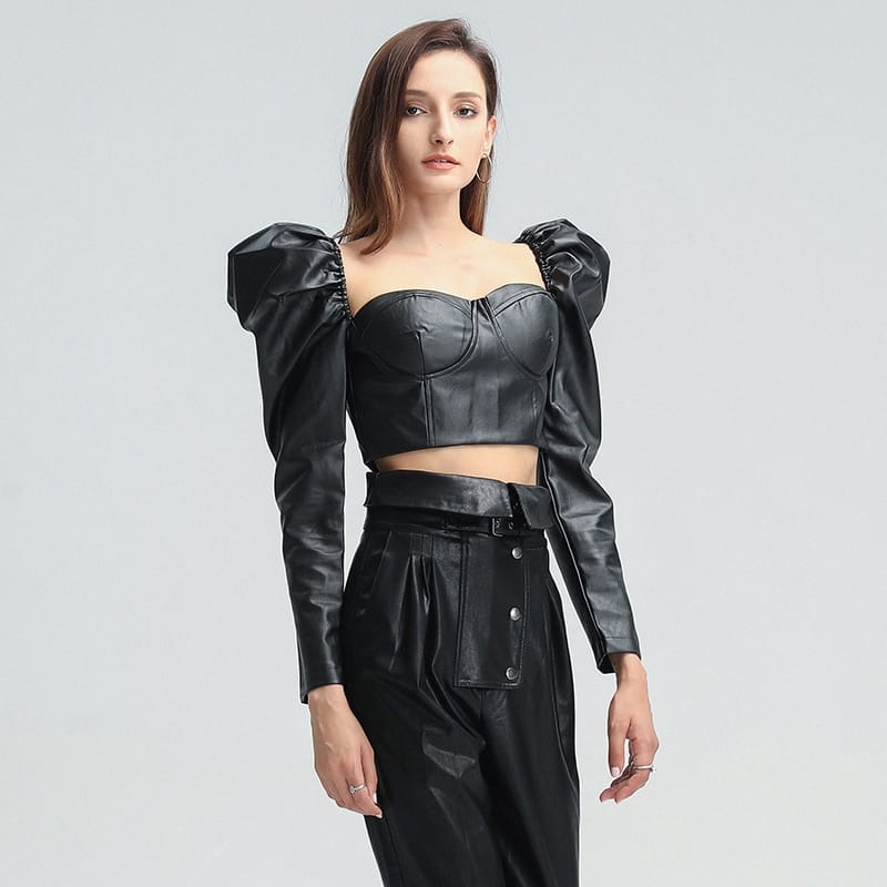 Women Black Leather Corset Style top with Long Puff Sleeve Blouse