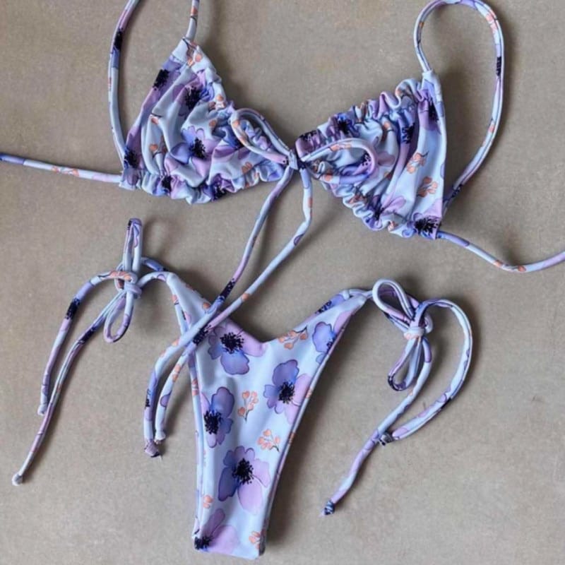 Women Mint Green Butterfly Print Ruched Swimsuit with Tie side and Center Details Bikini Set