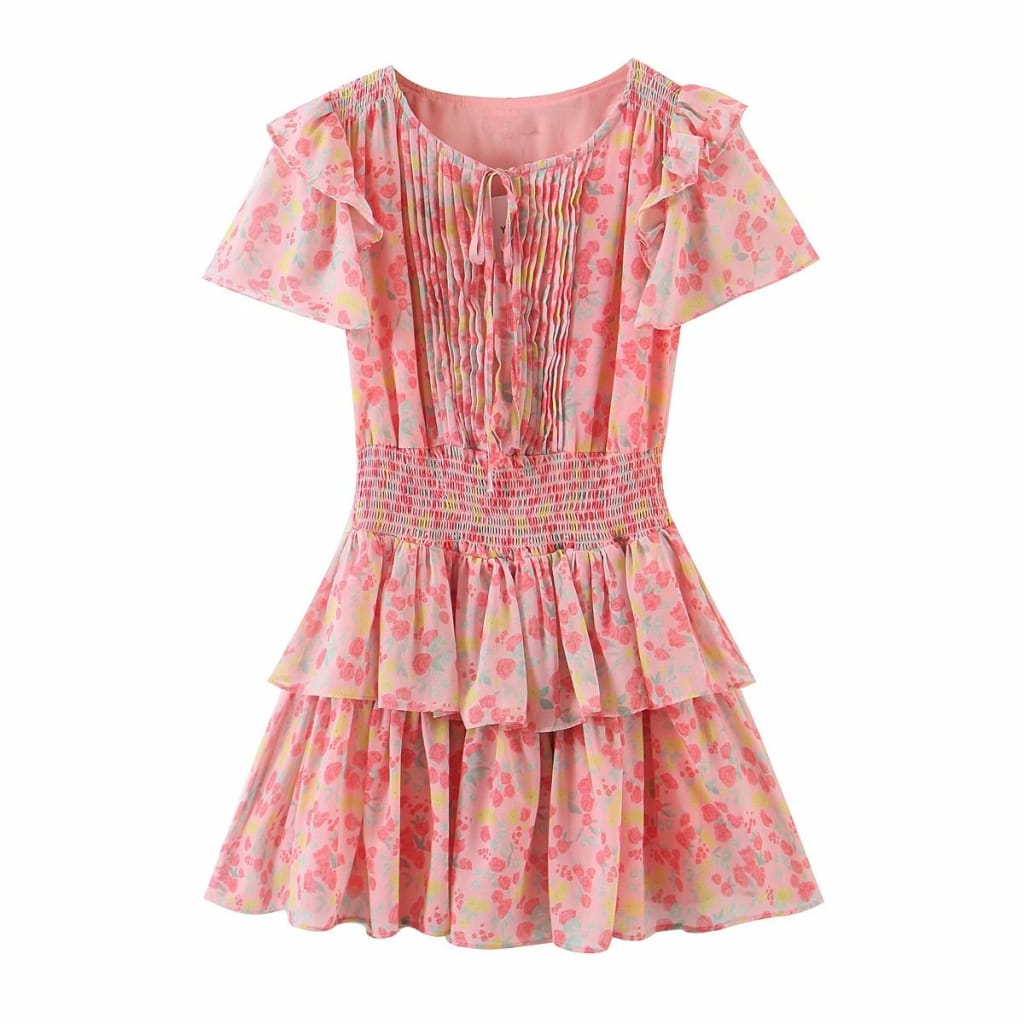 Women White Floral Ruched Pleated A-line Round Collar Center Bow Tie Mini Dress Short Sleeve