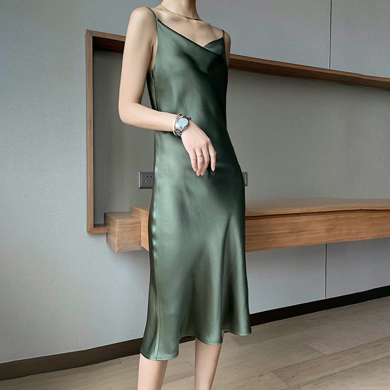 Sun-imperial Women Champagne Sleeveless Cami Strap V Neck Soft Satin Slip Long Dress