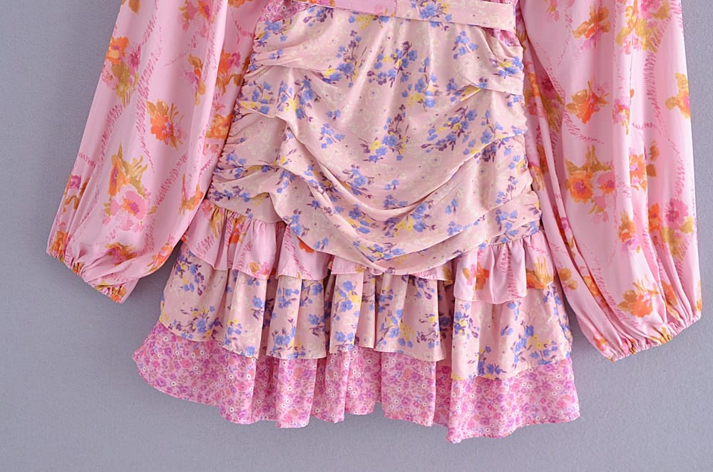 Pink Floral Color Blocked Patchwork Beach Holiday Dress with Long Puff Sleeve and Ruffle Tiered Mini