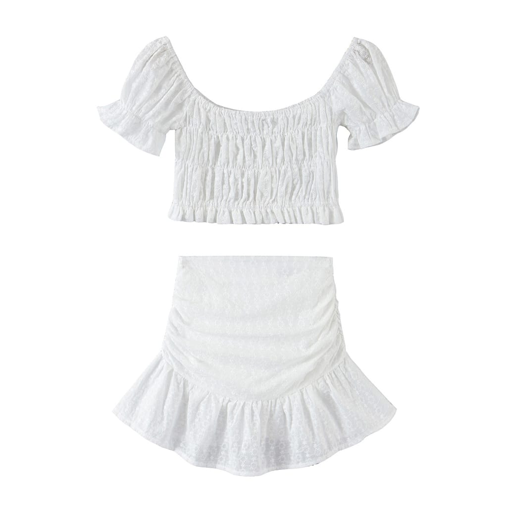 Women White Two Piece Embroidery Beach Style Skirt Set Cropped Short Sleeve top and Ruched Mini