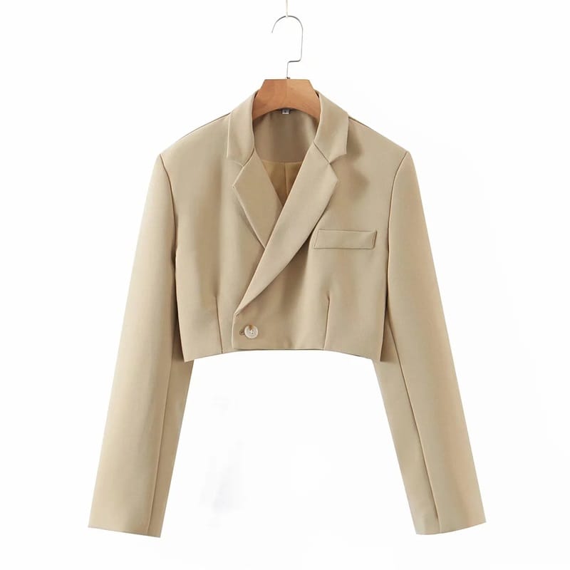 Women Beige Two Piece Skirt Set with Cropped Blazer Jacket and Wrap Mini