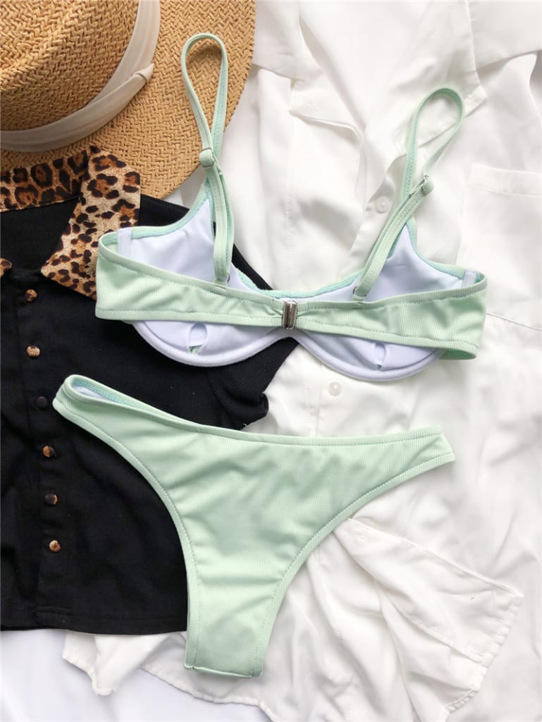 Women Mint Green Ribbed Halter Bikini Set