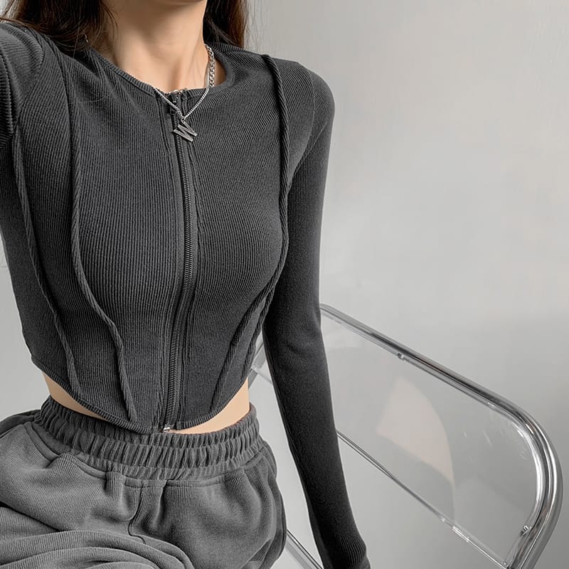 Women Gray Crop Fitted Ripped top with Center Zipper and Curve Hem detail