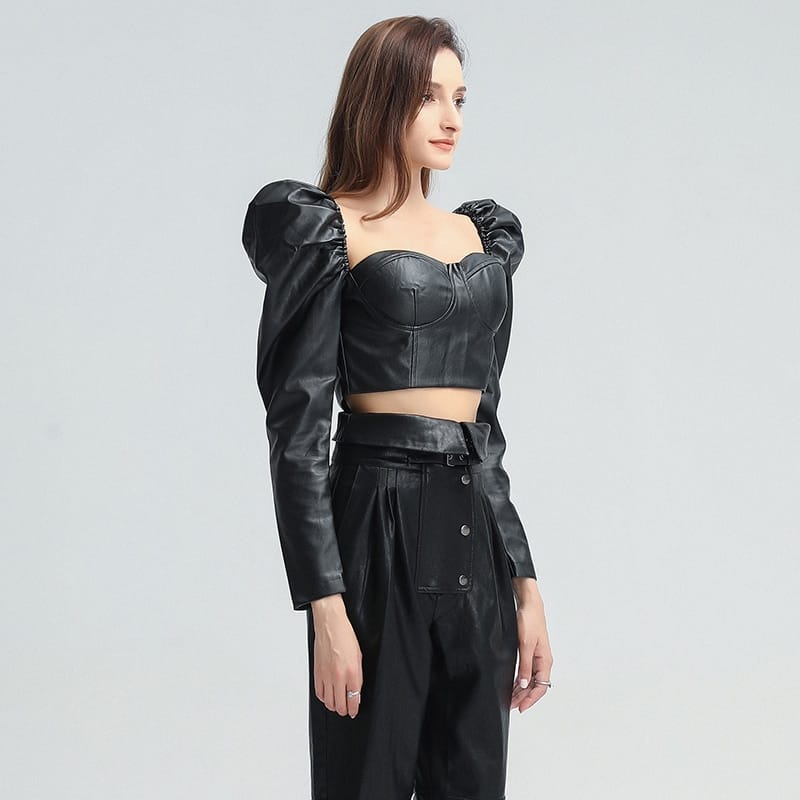 Women Black Leather Corset Style top with Long Puff Sleeve Blouse