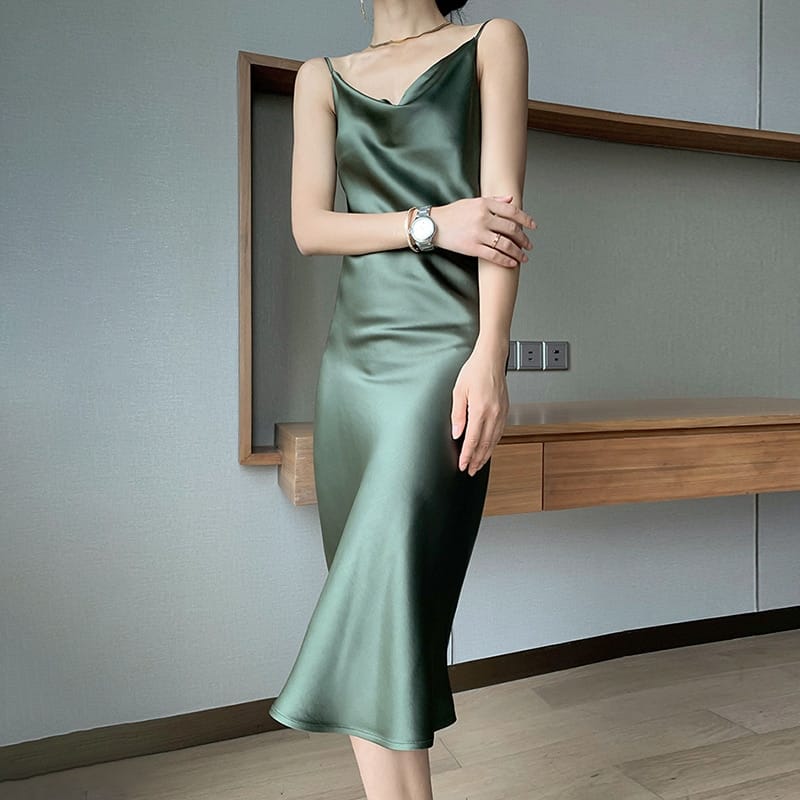 Sun-imperial Women Champagne Sleeveless Cami Strap V Neck Soft Satin Slip Long Dress