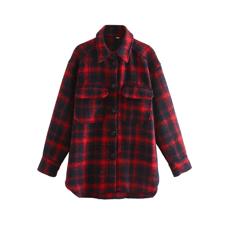 Women Blue and Red Plaid Buttoned Turn Down Collar Print Loose Outwear top