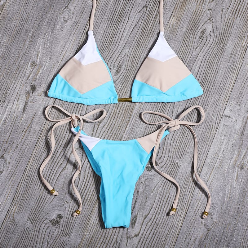 Color Block White Camel Blue Striped Bikini Set Women’s Swimming Suit Halter Drawstring Bathing