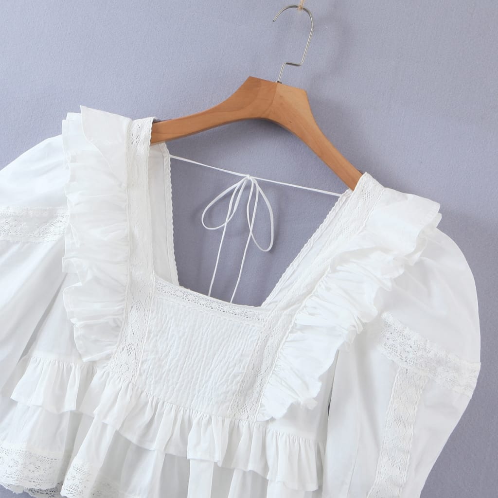 Women White Lace Square Collar Short Puff Sleeve with Ruffles detail