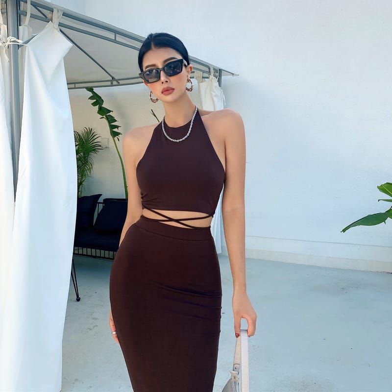 Women Brown Sporty Casual Co-ord Tie Halter Crop top with Wrap around Waist Midi Pencil Skirt
