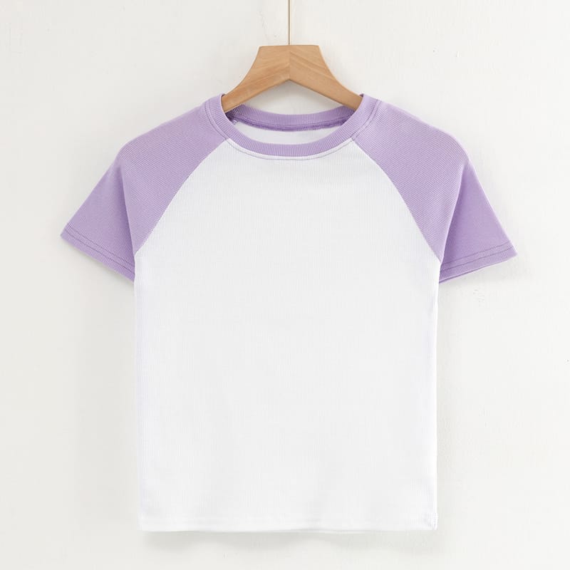 Women White Blue Color Block Short Sleeve Crop top with Crew Neck Raglan T-shirt