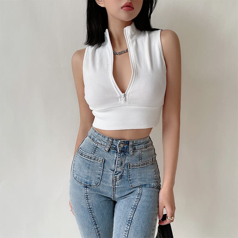 Women White Sleeveless Half Zip Crop Tank top with High Neck