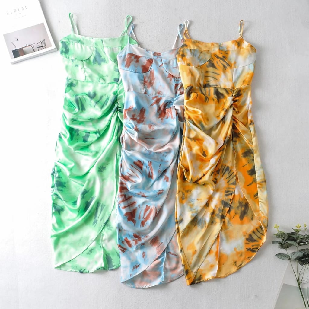 Yellow Orange Tie Dye Cami Strap Corset Bust Midi Dress with High side Slit and Ruched Waist detail