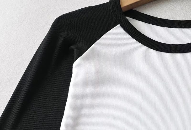 Women White with Black Long Sleeve Colorblock Raglan Rib Fitted T-shirt