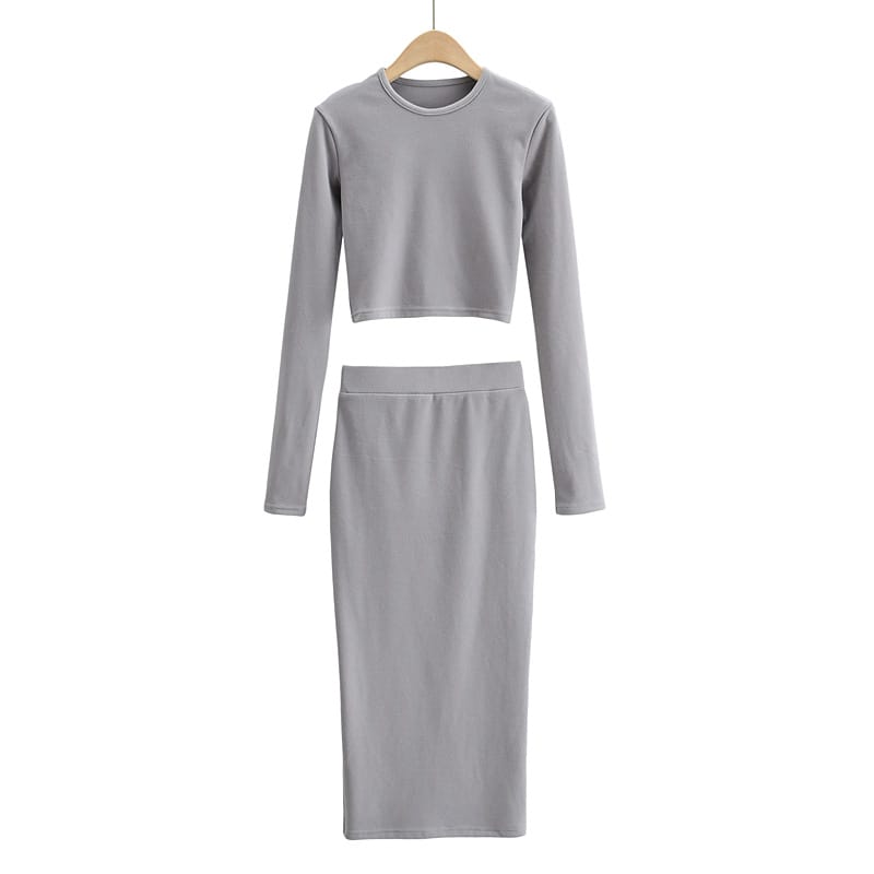 Women Dark Grey Casual Co-ord Fit O Neck Long Sleeve Crop top and Midi Skirt Set