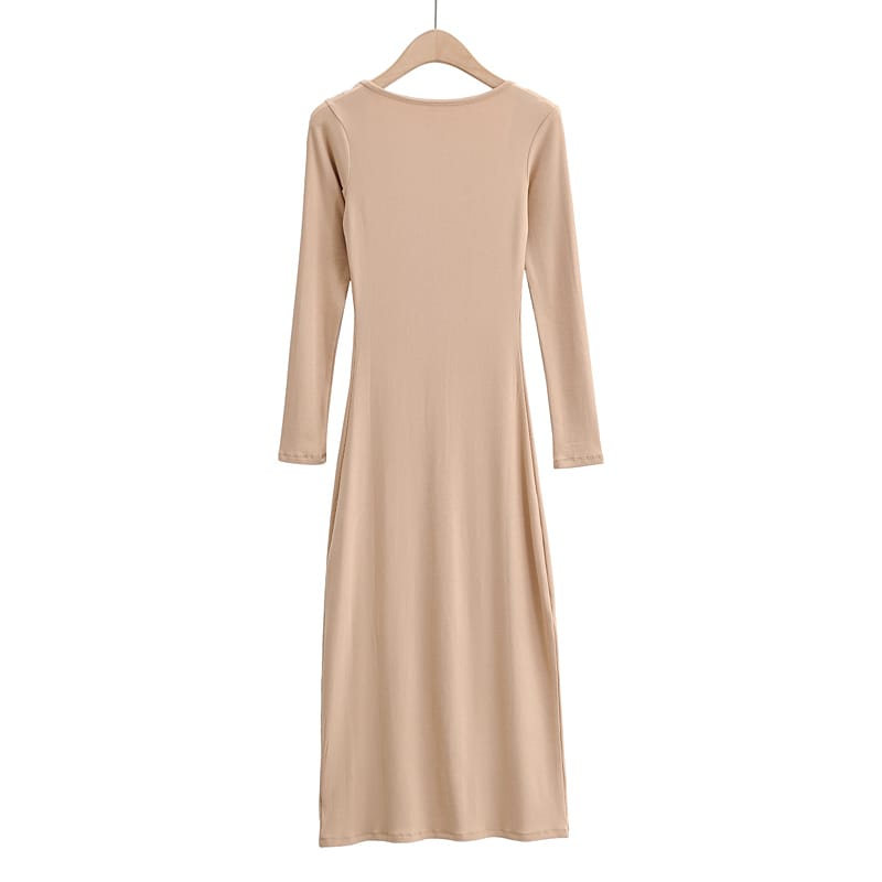 Women Khaki Casual Square Scoop Neck Long Sleeved Midi Dress with High Cut side Split