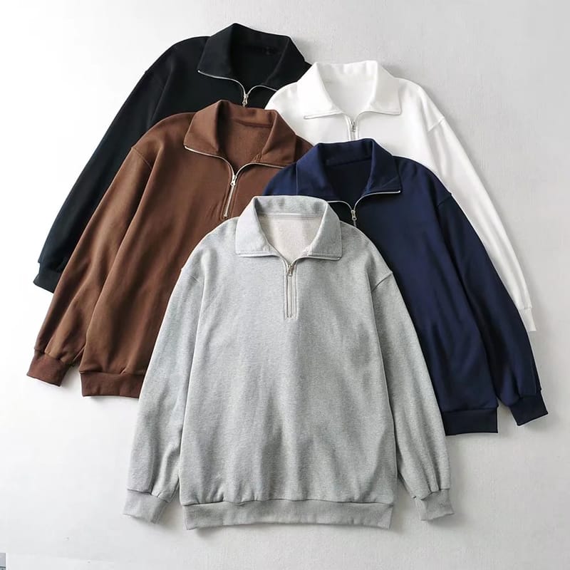 Women High Neck Half Zip Oversized Sweatshirt Drop Shoulder