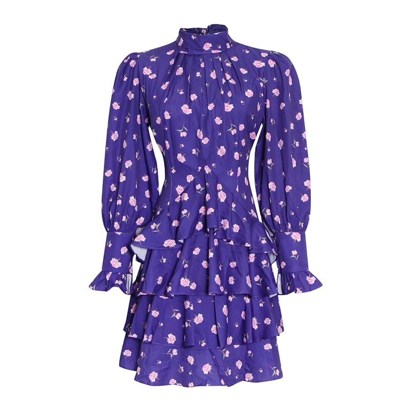 Women Purple Long Letran Sleeve Mini Dress with Pink Floral Print Turtleneck Ruffle Layers and back