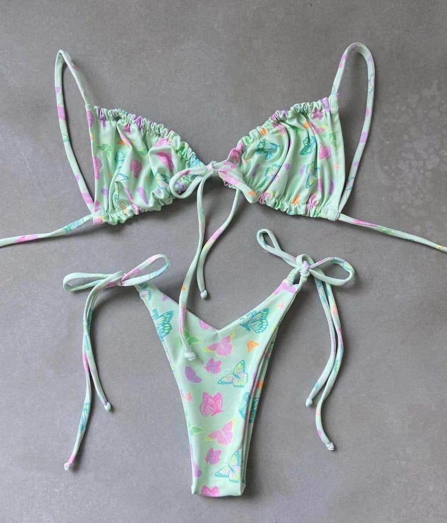 Women Mint Green Butterfly Print Ruched Swimsuit with Tie side and Center Details Bikini Set