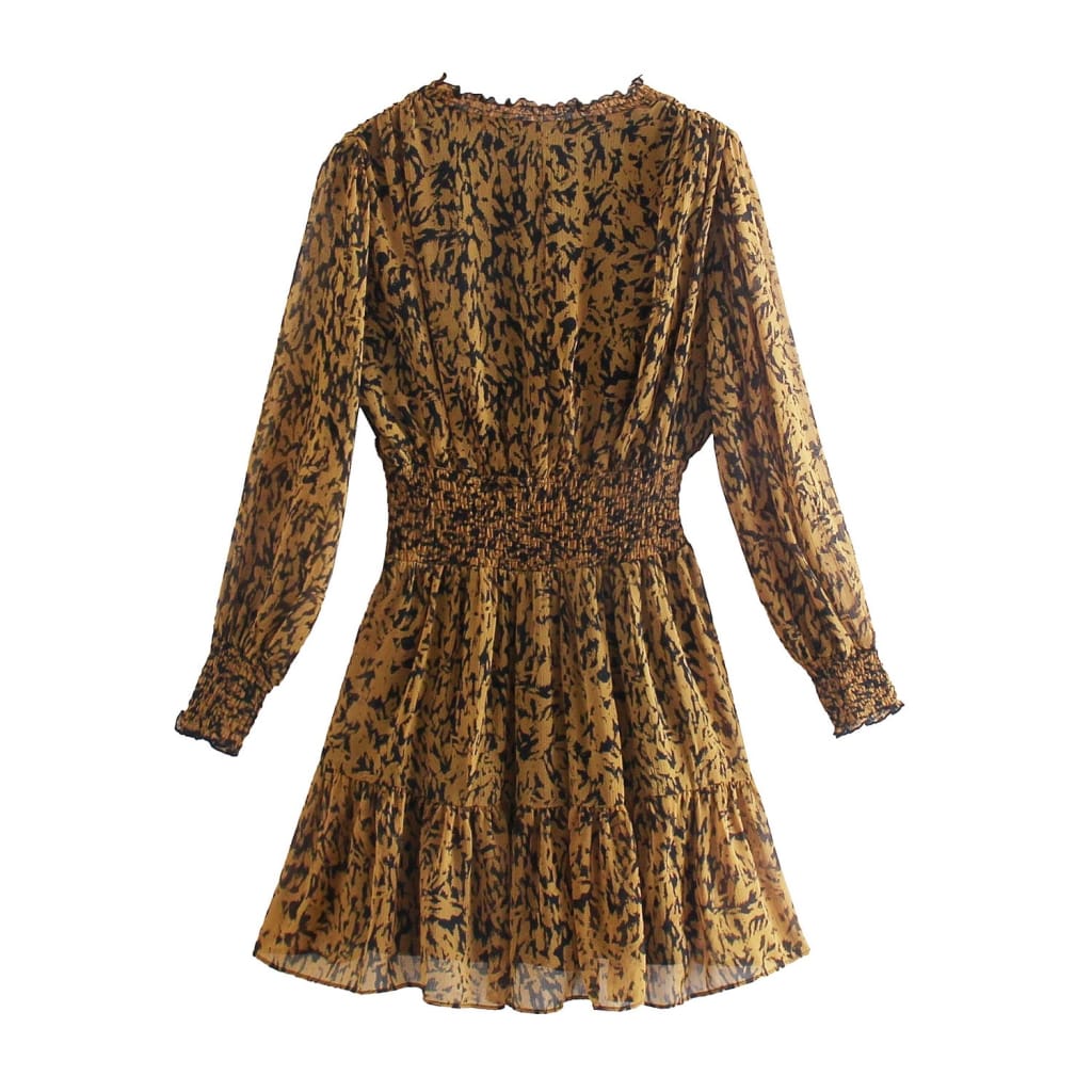 Women Yellow Geo Print Chiffon A-line Long Sleeve Mini Dress with V Neck Ruffle and Elastic Waist