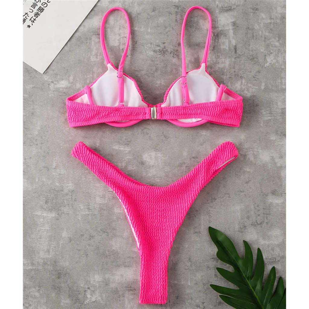 Hot Pink Ribbed Underwired High Cut Bikini Women Two-pieces Swimsuit