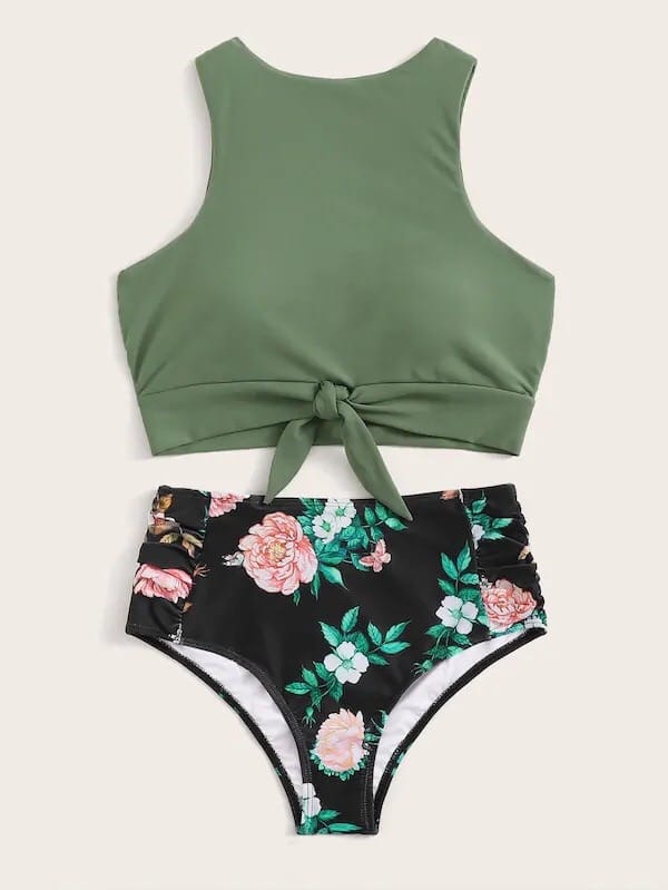 Knot front top with Dot High Waist Bikini Set new Prints 2022