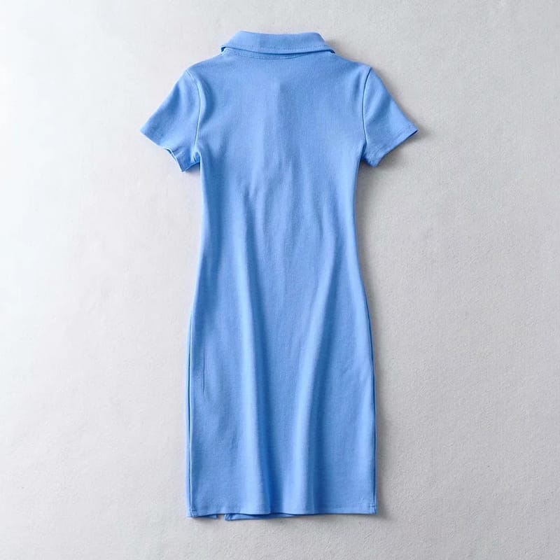 Women Blue Short Sleeve Polo Collar Bodycon Casual Ribbed Mini Dress with front Buttons and Split