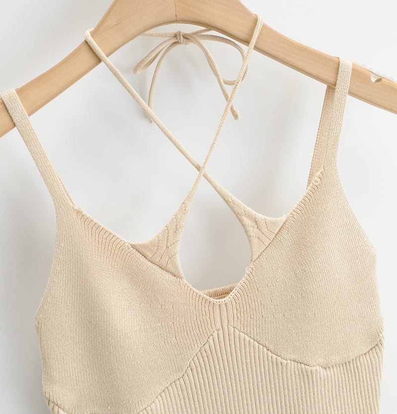 Women Beige Knitted Crop top Criss Cross Halter Cami