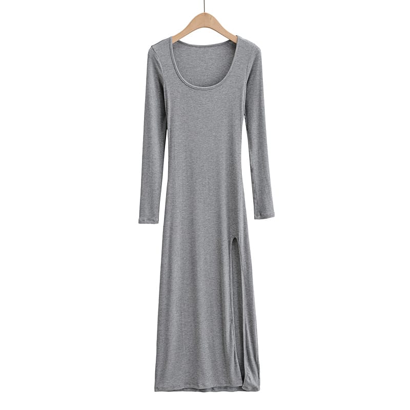 Women Grey Casual Square Scoop Neck Long Sleeved Midi Dress with High Cut side Split