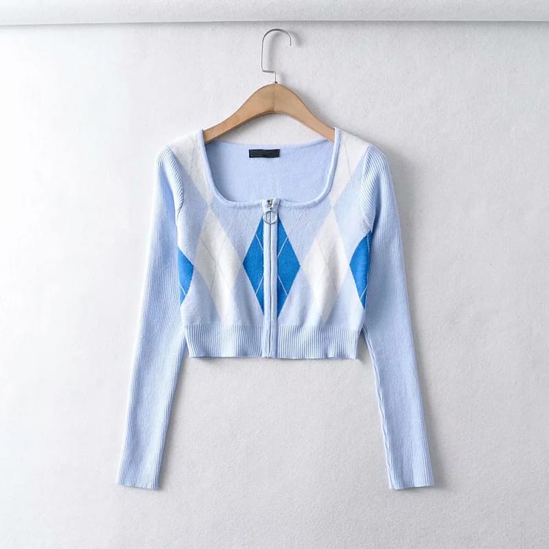 Women Blue Square Neck Zip through front Crop Argyle Knit Cardigan co Ord Knitted Mini Skirt